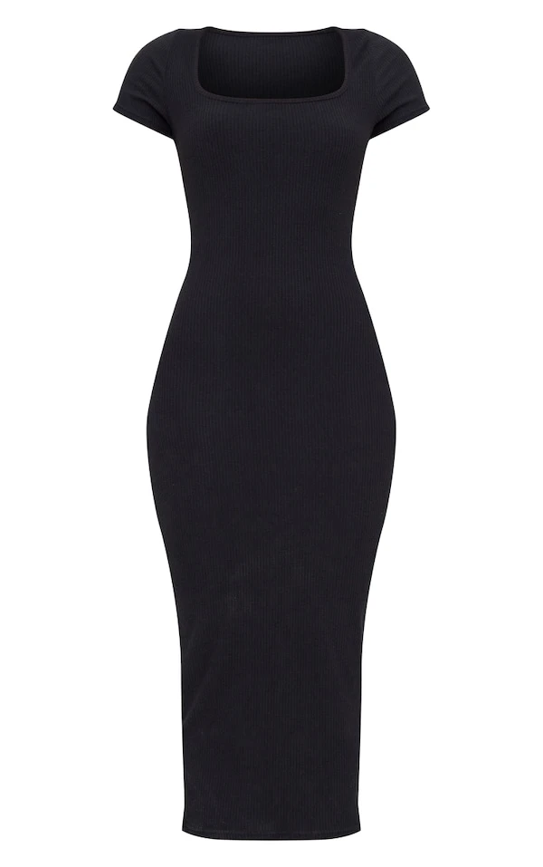 Robe Mi-longue Côtelée Brossée Noire à Col Carré 5 Robe Mi-longue Côtelée Brossée Noire à Col Carré – Image 5