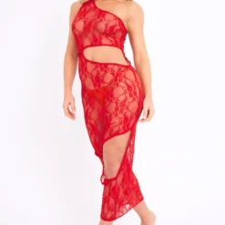 Robe Longue Asymétrique Transparente En Dentelle Rouge à Découpes