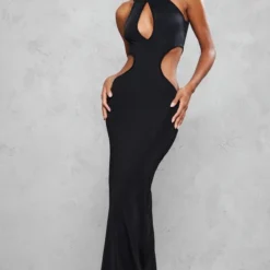 Robe Longue Moulante Noire à Dos Nageur Et Découpes Multiples