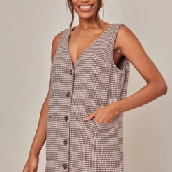 Robe Blazer Style Gilet Oversize Chocolat En Maille Sergée à Carreaux