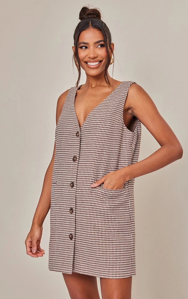 Robe Blazer Style Gilet Oversize Chocolat En Maille Sergée à Carreaux 1 Robe Blazer Style Gilet Oversize Chocolat En Maille Sergée à Carreaux