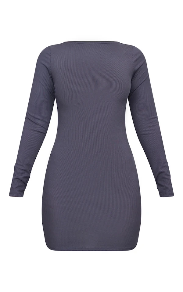 Robe Moulante Côtelée Gris Anthracite à Dos Lacé Et Manches Longues 5 Robe Moulante Côtelée Gris Anthracite à Dos Lacé Et Manches Longues – Image 5