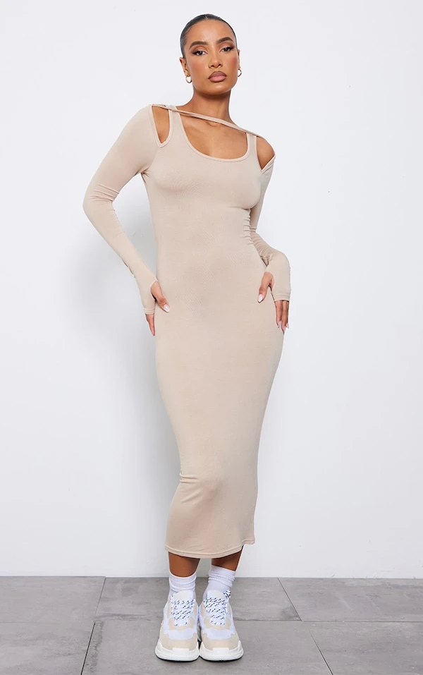 Robe Mi-longue En Jersey Gris Pierre à Bretelles Et Manches Longues 1 Robe Mi-longue En Jersey Gris Pierre à Bretelles Et Manches Longues