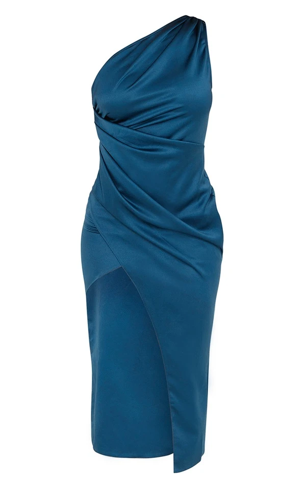Robe Mi-longue Bleu Marine Satinée Plissée à épaule Unique 5 Robe Mi-longue Bleu Marine Satinée Plissée à épaule Unique – Image 5