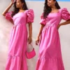 Robe Longue En Maille Tissée Rose Vif à Manches Bouffantes Et Col Carré