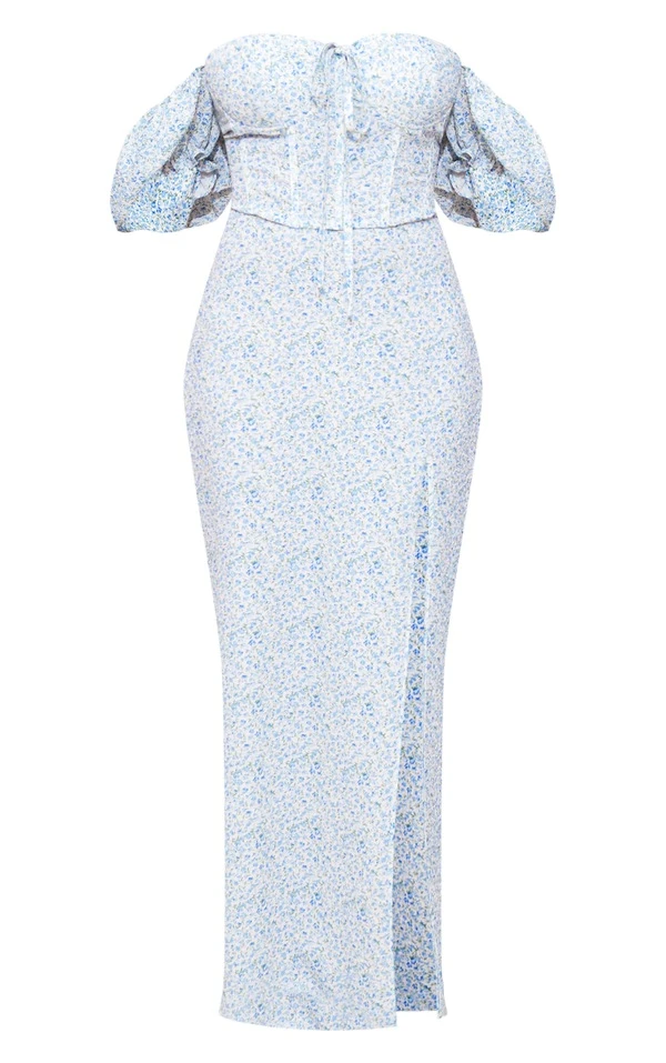 Robe-corset Longue Texturée Fleurie Bleue à Manches Bouffantes 5 Robe-corset Longue Texturée Fleurie Bleue à Manches Bouffantes – Image 5