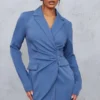Robe Blazer Bleu Acier En Maille Tissée à Poches Et Taille Froncée