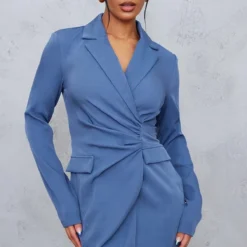 Robe Blazer Bleu Acier En Maille Tissée à Poches Et Taille Froncée