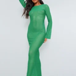Robe Longue Texturée Ajourée Vert Foncé à Manches Longues