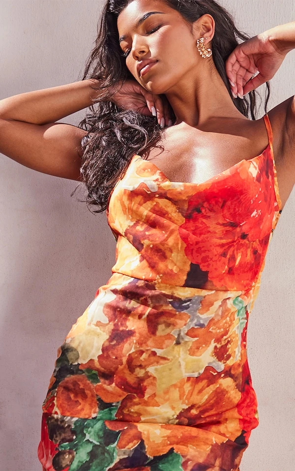 Robe Longue Lacée Dans Le Dos Orange Fleurie En Mousseline De Soie Transparente 4 Robe Longue Lacée Dans Le Dos Orange Fleurie En Mousseline De Soie Transparente – Image 4