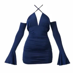 Robe Très Moulante Bleu Marine Foncé Col Bardot à Manches Flare Et Lien à Nouer -Jupe Lumine Soldes Boutique 835e863fe22604cb1fed43c176fa82305362fd54 cnc5910 5