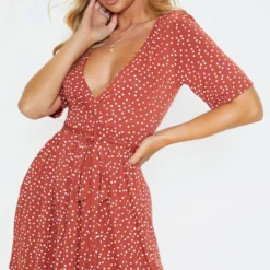 Robe Cache-coeur Terracotta Imprimé Pois à Volants