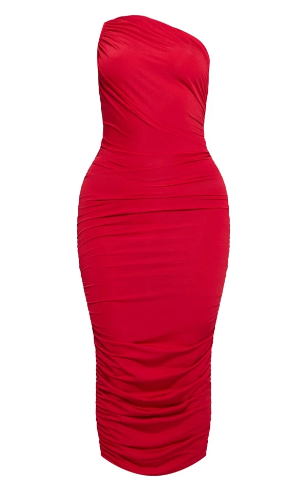 Robe Mi-longue Moulante Rouge Asymétrique Froncée 5 Robe Mi-longue Moulante Rouge Asymétrique Froncée – Image 5