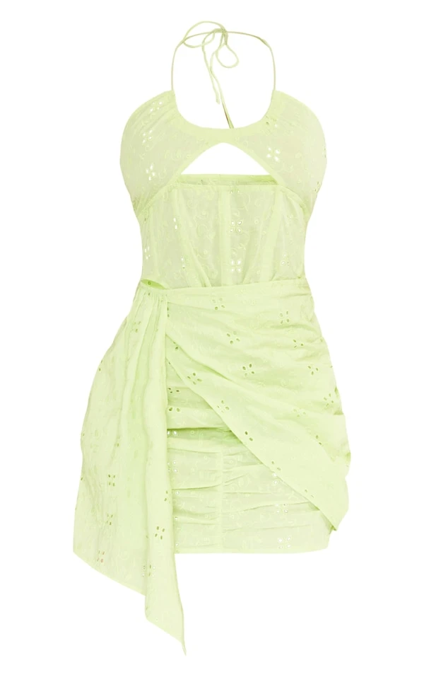 Robe Portefeuille Moulante En Broderie Vert Citron à Corset 5 Robe Portefeuille Moulante En Broderie Vert Citron à Corset – Image 5