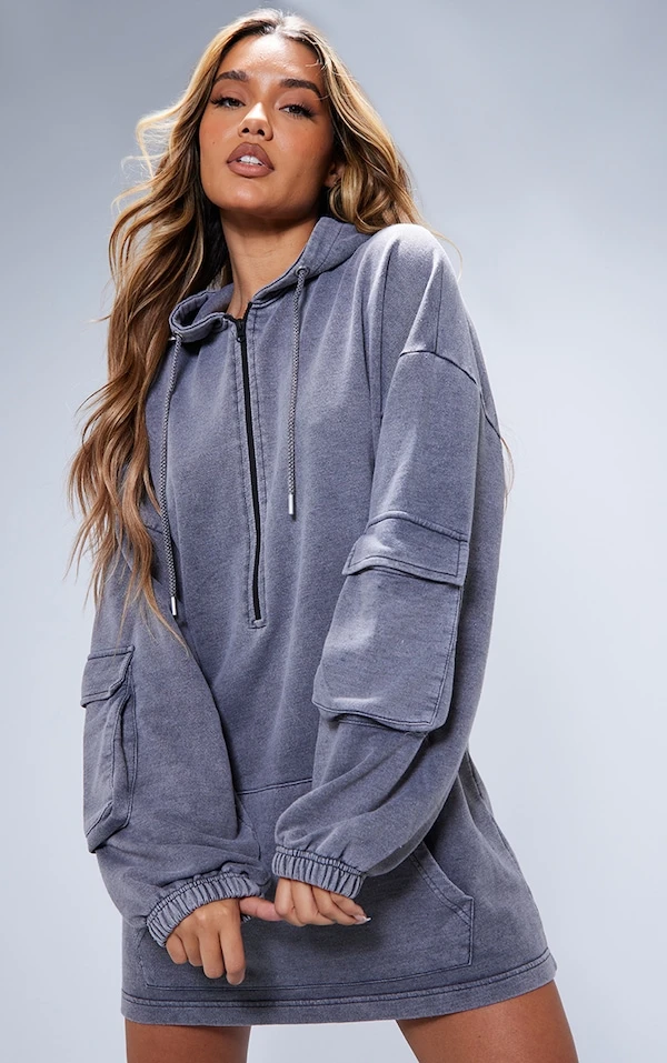 Robe Sweat Noir Javélisé Oversize à Demi-zip 1 Robe Sweat Noir Javélisé Oversize à Demi-zip