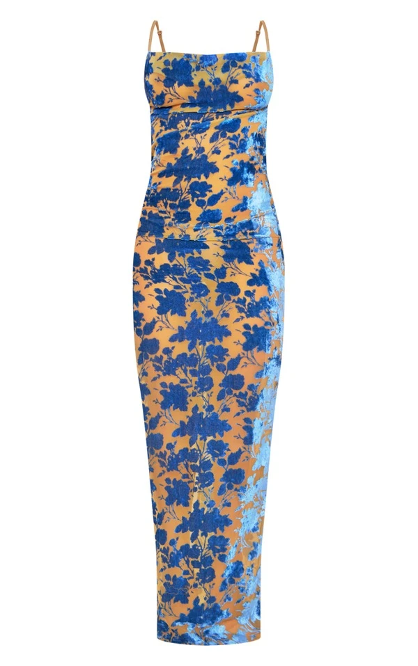 Robe Longue Fleurie Bleue Floquée à Col Bénitier Et Dos Ouvert 5 Robe Longue Fleurie Bleue Floquée à Col Bénitier Et Dos Ouvert – Image 5