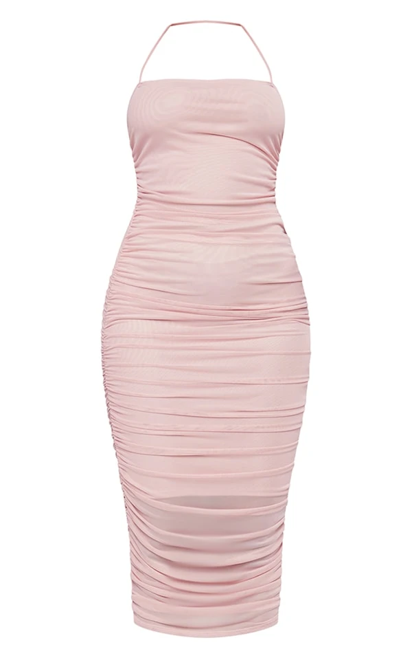 Robe Longue En Mesh Très Froncé Rose Croisée Sur Le Cou 5 Robe Longue En Mesh Très Froncé Rose Croisée Sur Le Cou – Image 5