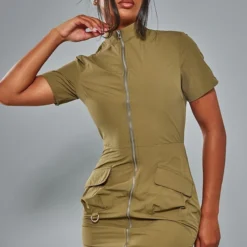 Robe Chemise Parachute Cargo Kaki à Zip