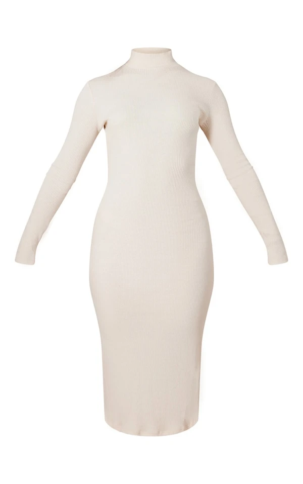 Robe Mi-longue Côtelée Crème à Col Haut Et Manches Longues 5 Robe Mi-longue Côtelée Crème à Col Haut Et Manches Longues – Image 5