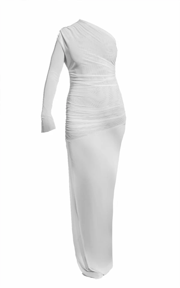 Robe Longue Fendue En Mesh Transparent Blanc Froncé 5 Robe Longue Fendue En Mesh Transparent Blanc Froncé – Image 5