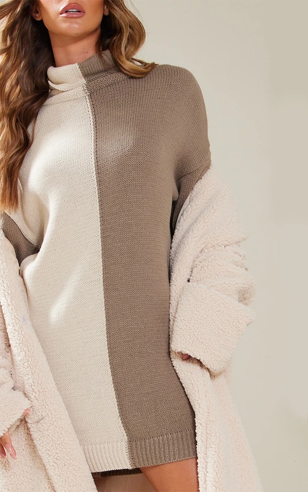 Robe Pull En Maille Café Au Lait Colourblock à Col Roulé 4 Robe Pull En Maille Café Au Lait Colourblock à Col Roulé – Image 4