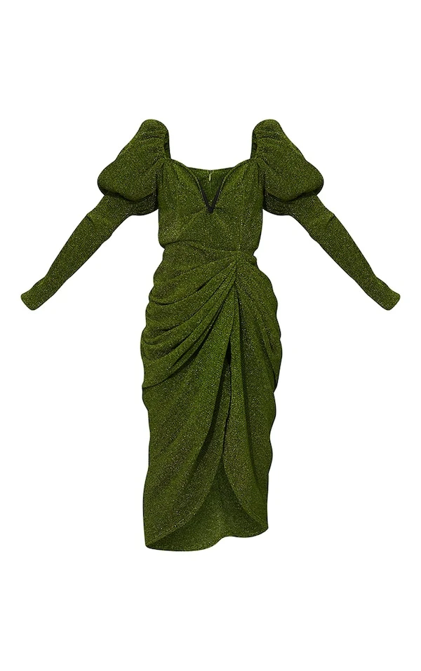 Robe Mi-longue Verte à Paillettes Drapée Plissée à Manches Bouffantes Et Barre En V 5 Robe Mi-longue Verte à Paillettes Drapée Plissée à Manches Bouffantes Et Barre En V – Image 5