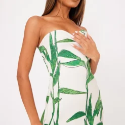 Robe Bustier Moulante Verte Imprimé Feuilles