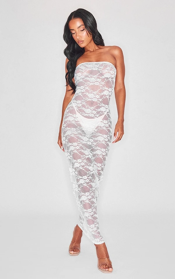 Robe Longue Bustier En Dentelle Fleurie Blanche 4 Robe Longue Bustier En Dentelle Fleurie Blanche – Image 4