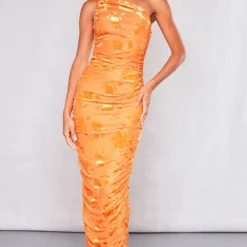 Robe Longue Asymétrique Dévorée Orange Fleurie