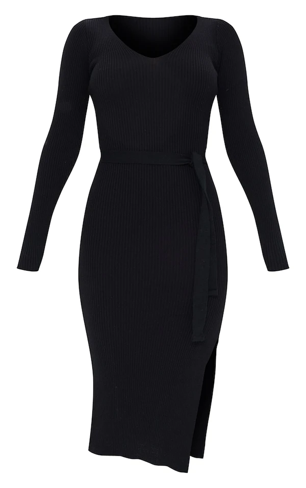 Robe Mi-longue Fendue Noire à Manches Longues Et Ceinture 5 Robe Mi-longue Fendue Noire à Manches Longues Et Ceinture – Image 5