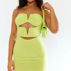 Robe Bustier Très Moulante Vert Citron à Découpes Et Barre En V