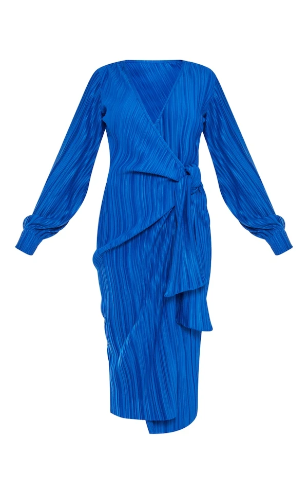 Robe Cache-coeur Mi-longue Bleu Vif Plissée à Manches Longues 5 Robe Cache-coeur Mi-longue Bleu Vif Plissée à Manches Longues – Image 5