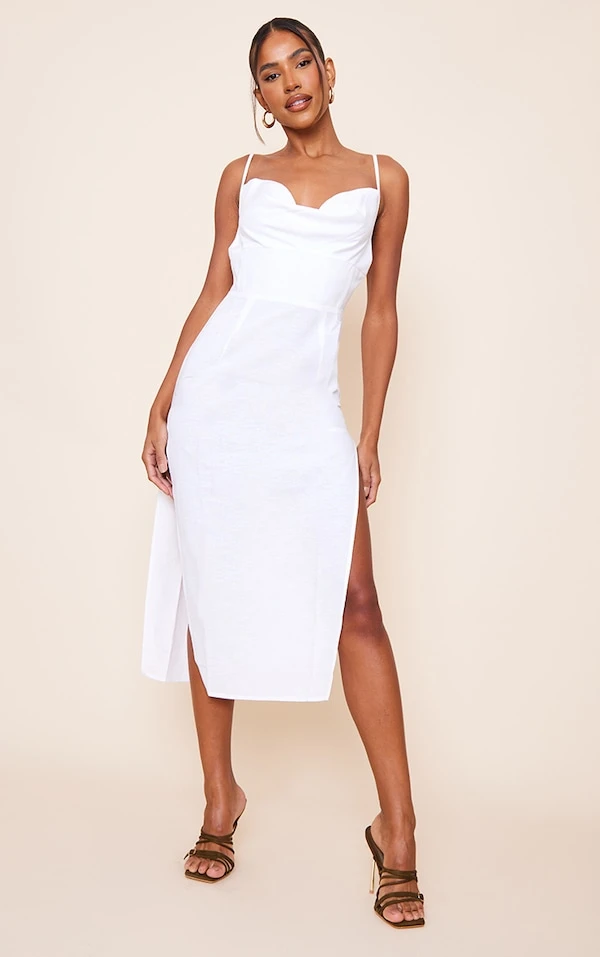 Robe Mi-longue Blanc Cassé Effet Lin à Col Bénitier Et Liserés 5 Robe Mi-longue Blanc Cassé Effet Lin à Col Bénitier Et Liserés – Image 5