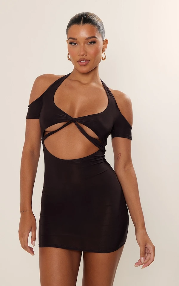 Robe Très Moulante Torsadée Chocolat à Dos Nu Noué 3 Robe Très Moulante Torsadée Chocolat à Dos Nu Noué – Image 3