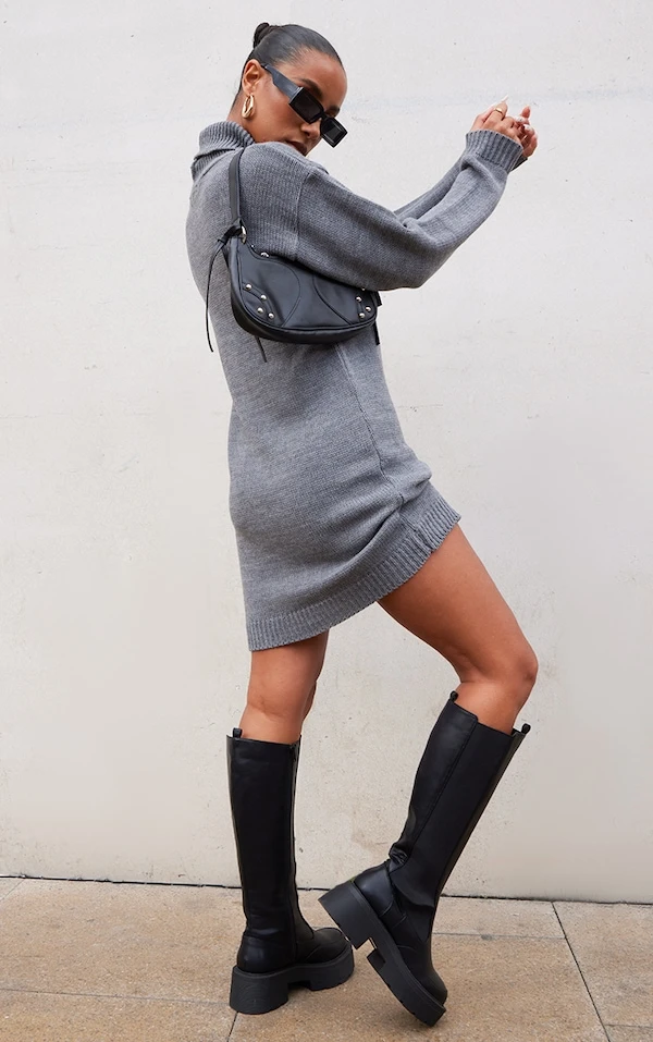 Robe Pull Grise Basique En Maille Tricot à Col Roulé 2 Robe Pull Grise Basique En Maille Tricot à Col Roulé – Image 2