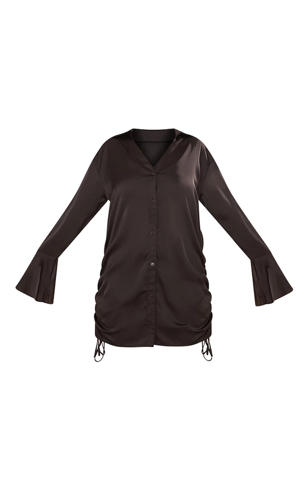 Robe Chemise Satinée Noire à Manches évasées à Double Fronce 5 Robe Chemise Satinée Noire à Manches évasées à Double Fronce – Image 5