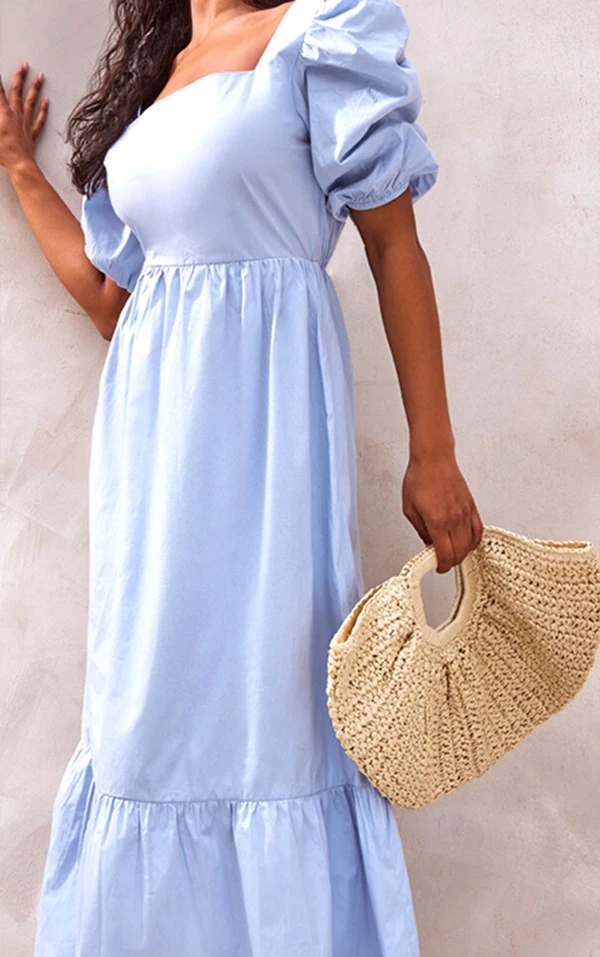 Robe Longue En Maille Tissée Bleu Cendré à Manches Bouffantes Et Col Carré 4 Robe Longue En Maille Tissée Bleu Cendré à Manches Bouffantes Et Col Carré – Image 4