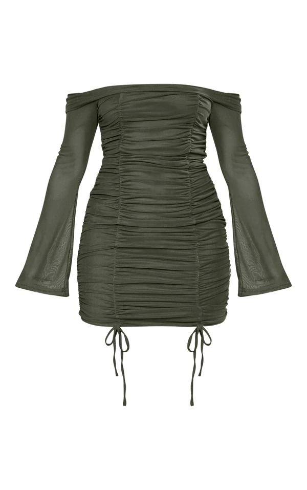 Robe Moulante En Mesh Kaki Très Froncée à Col Bardot 5 Robe Moulante En Mesh Kaki Très Froncée à Col Bardot – Image 5