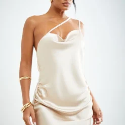 Robe Droite Asymétrique Moulante Satinée Vison