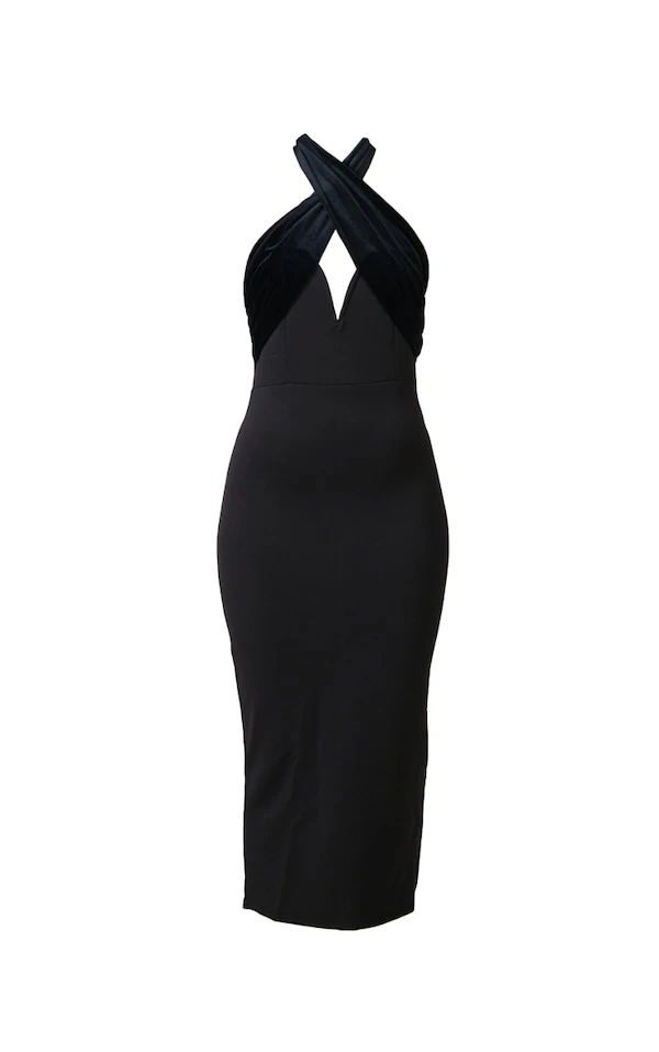 Robe Mi-longue En Néoprène Noir à Bretelles Croisées En Velours Et Barre En V 5 Robe Mi-longue En Néoprène Noir à Bretelles Croisées En Velours Et Barre En V – Image 5