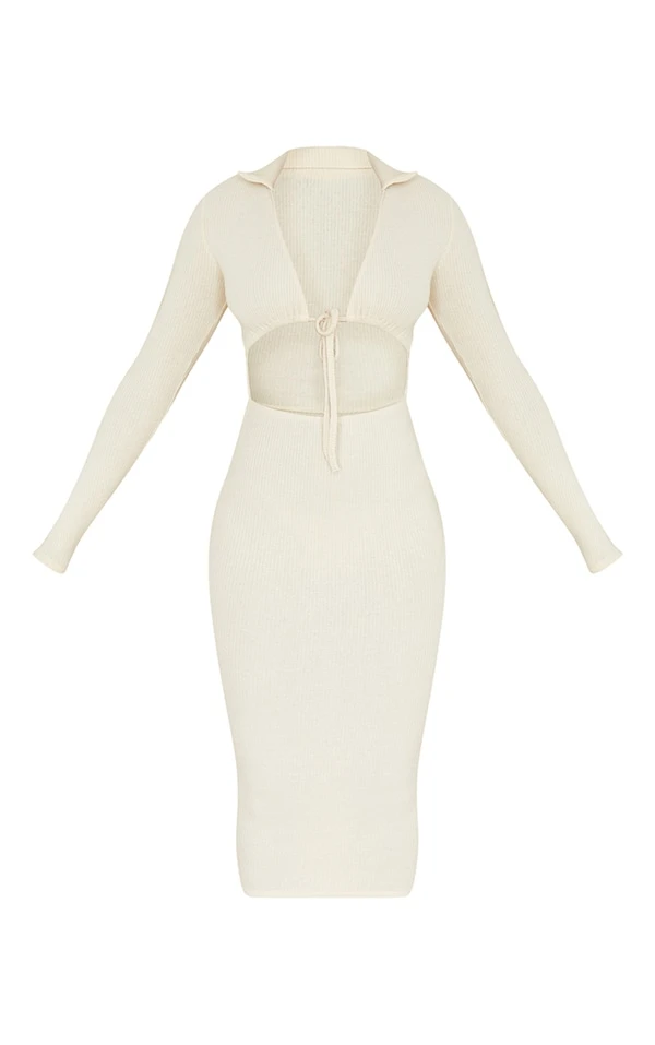 Robe Mi-longue Côtelée Brossée Gris Pierre à Buste Noué Et Manches Longues 5 Robe Mi-longue Côtelée Brossée Gris Pierre à Buste Noué Et Manches Longues – Image 5