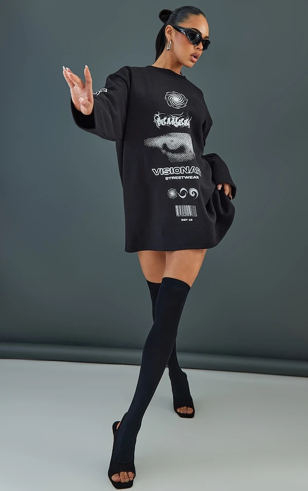 Robe Pull Noire Oversize à Col Rond Et Slogan Fearless 4 Robe Pull Noire Oversize à Col Rond Et Slogan Fearless – Image 4