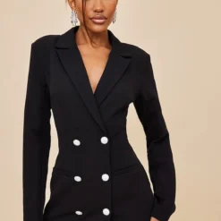 Robe Blazer Tissée Noire à Double Boutonnière Et Boutons Strassés