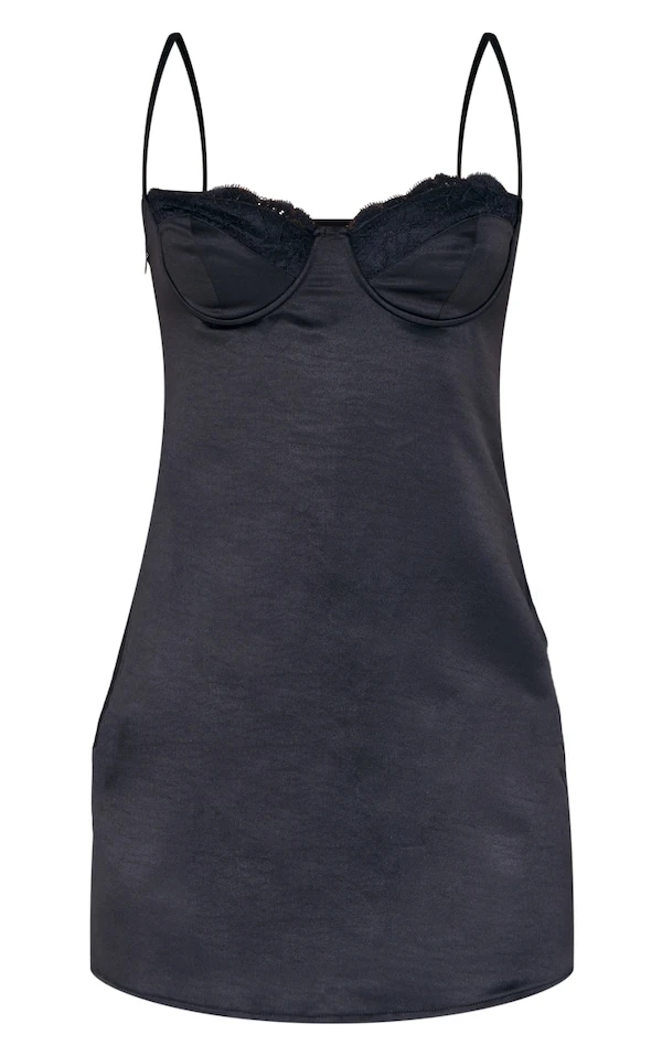 Robe Droite Satinée Noire à Bretelles Et Bonnets Détail Bordure Dentelle 5 Robe Droite Satinée Noire à Bretelles Et Bonnets Détail Bordure Dentelle – Image 5