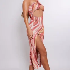 Robe Moulante Mi-longue En Acétate Découpée Orange Imprimé Abstrait à Dos Nu