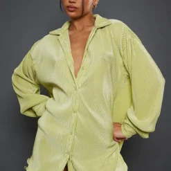Robe Chemise Vert Citron Plissée à Ourlet Volanté