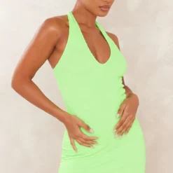 Robe Moulante Fleurie Crêpée Vert Citron à Dos Nu