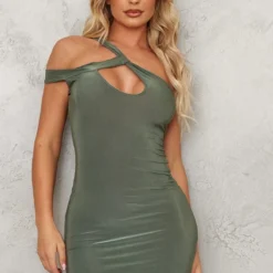 Robe Très Moulante Kaki à Bretelle Asymétrique Et Découpe