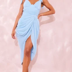Robe Mi-longue Drapée Plissée Bleu Clair à Armatures