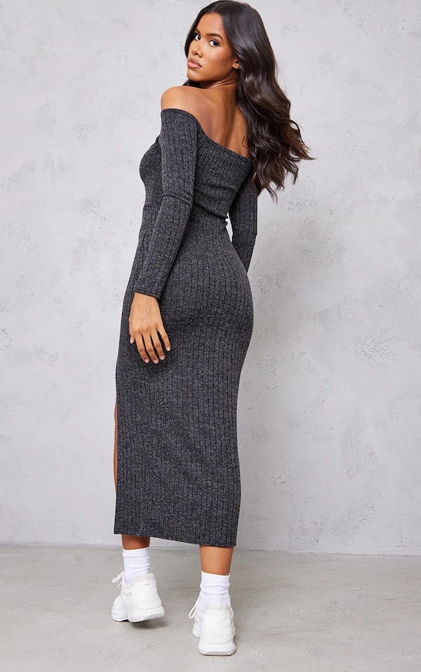 Robe Longue Côtelée Chinée Gris Anthracite à Découpes Et Manches Longues 2 Robe Longue Côtelée Chinée Gris Anthracite à Découpes Et Manches Longues – Image 2